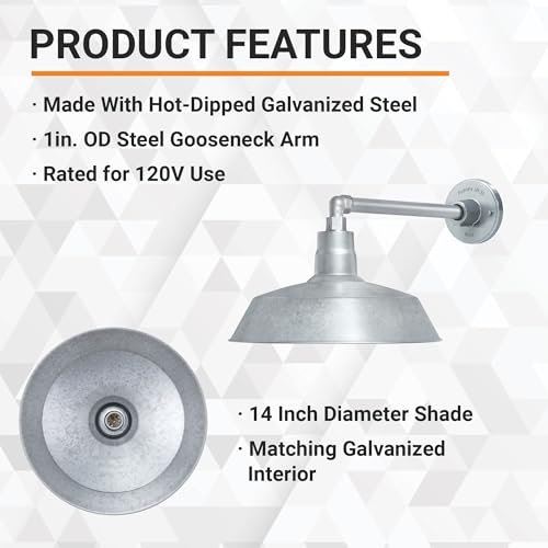 Image of 14in. Galvanized Outdoor Gooseneck Barn Light Fixture with 13in. Long Extension Arm - Wall Sconce Farmhouse, Vintage, Antique Style - UL Listed - 9W 900lm A19 LED Bulb (5000K Cool White)