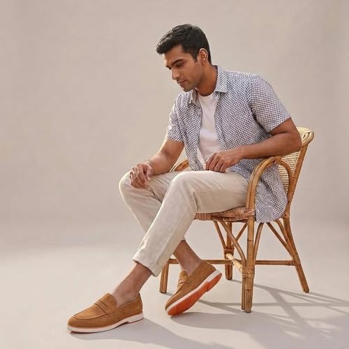 Image of HAYES LONDON Italian Suede Leather Loafers for Men | Casual Slip-On Shoes | Breathable & Lightweight Summer Wear | Comfortable Walking Shoes