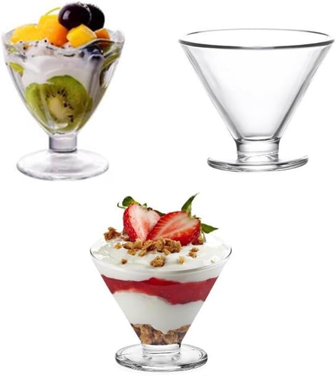 Clear Footed Glass Dessert Bowls, Stemless Martini Glasses, Cone-Shape Ice Cream Sundae Bowls with Heavy Base, Taper Footed Glass Cups for Pudding, Salad, Snack, Fruit, Dessert, Cocktail (6 Pack)