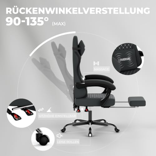 NIONIK Gaming Stuhl Ergonomisch, Gaming-Sessel mit Fußstütze, Gaming Stuhl Stoff Bürostuhl mit Lordosenkissen und Nackenkissen… – Ansicht 6