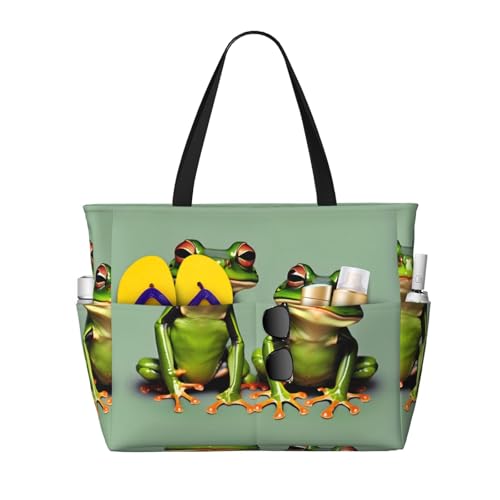 Funny Green Frogs 1 Large Beach Tote Bag Women Beach Tote Bag For Pool Gym Grocery Travel With Multiple Pocket