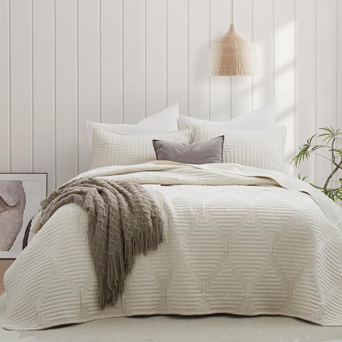 Oli Anderson Queen Quilt Set, Beige Lightweight Soft Bedspread Coverlet, Basket Weave Pattern Bedding, 3PCS Modern Geometric Stitching Textured Comforter Sets (1 Quilt and 2 Pillow Shams)