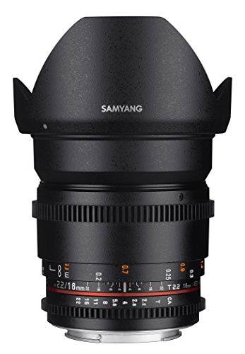 Samyang F1322702101 – Objetivo para vídeo VDSLR para Canon M (Distancia Focal Fija 16mm, Apertura T2.2-22 ED AS UMC CS II, diámetro Filtro: 77mm), Negro