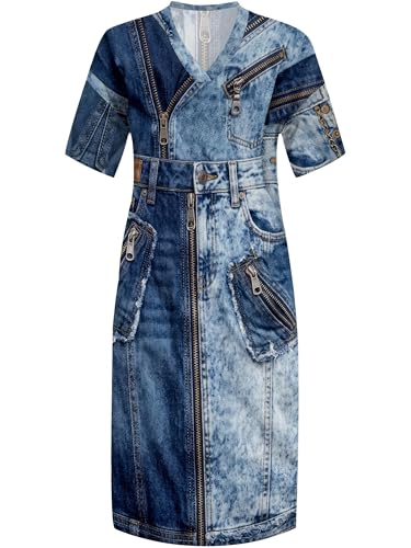 Image of SUZONANA Plus Size Denim Print Maxi Dresses for Women Casual V Neck Short Sleeve with Pockets Soft Jean Look Dress XL-6XL