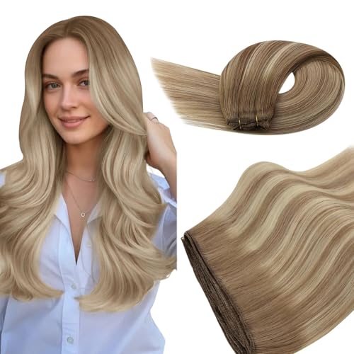 Image of Ugeat Sew in Hair Extensions Real Human Hair, Invisible Weft Hair Extensions Human Hair 16 Inch 100g, Hair Weft Extensions, Light Brown Balayage Platinum Blonde
