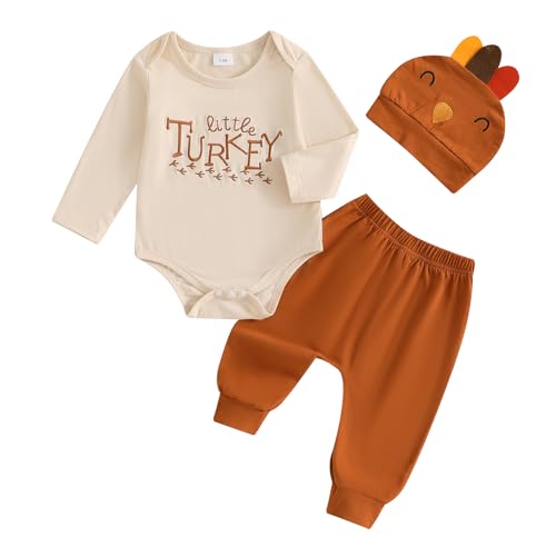 Image of Socutebabe My First Thanksgiving Baby Boy Outfit Infant Little Turkey Hat Bodysuit Pants Newborn 1st Thanksgiving Outfits