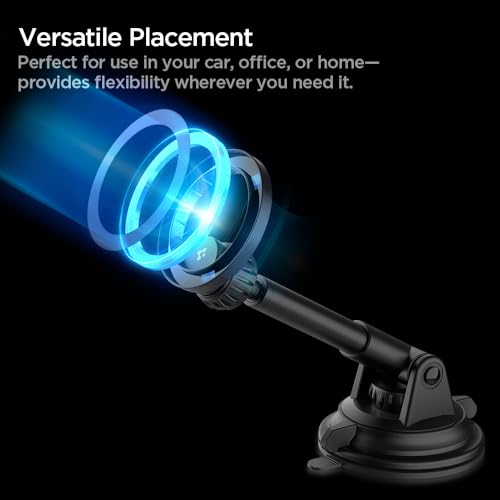 Image of Spigen Dashboard & Windshield Car Mobile Holder,Super Strong Magnet,Works as Desk Mount for iPhone 17 /16 /15 /13 /12, Samsung Galaxy Series & More (MFT35) - Black