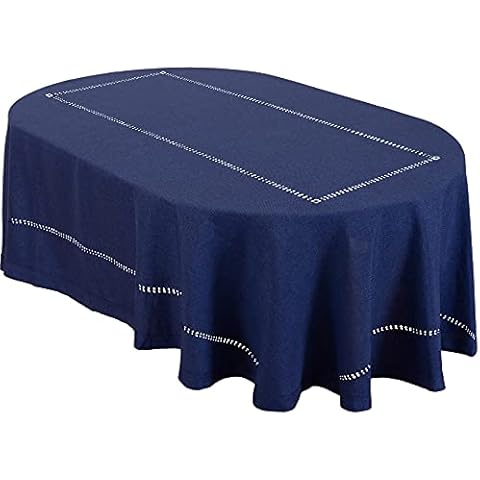 Grelucgo Solid Color Double Hemstitched Dining Tablecloth (Navy Blue, Oval 60x84 inches) Cover