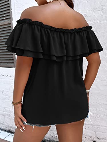 MakeMeChic Women's Plus Size Off Shoulder Tie Front Layered Ruffle Short Sleeve Blouse Top2