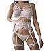Produktbild YSpoe Damen Wimpern Spitze Dessous 3-teilige Unterwäsche mit Bügel Erotic Bodysuit Translucent Lace mit Tanga, ideal für Nachtwäsche zum Valentinstag(Weiß,M)