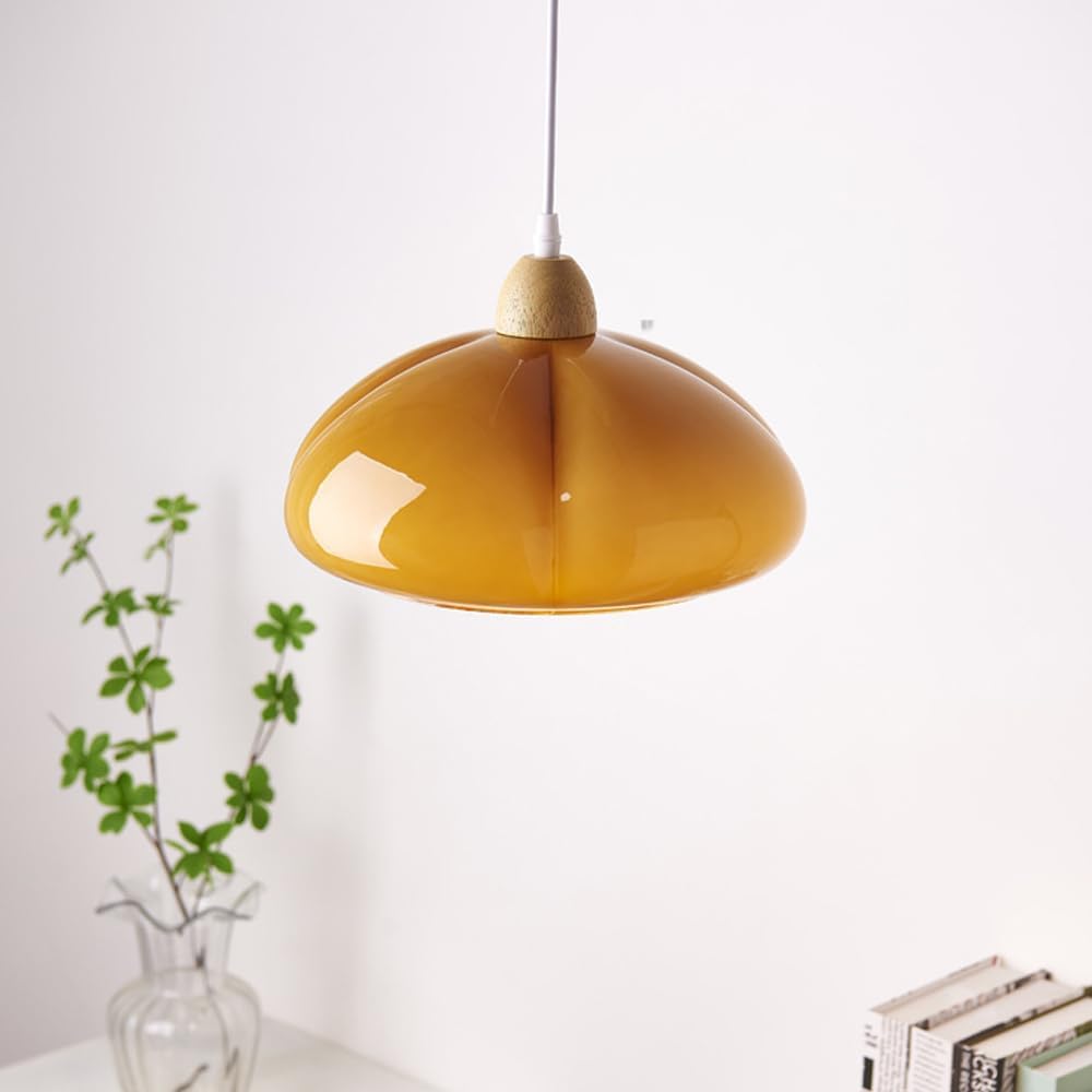 Średniowieczna nordycka minimalistyczna lampa wisząca z białego i pomarańczowego szkła, drewniany klosz dyni, idealna dekoracja do jadalni, sypialni lub korytarza.