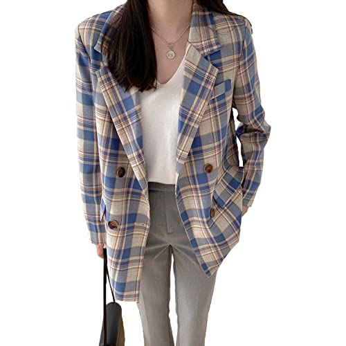 Retro Vintage Plaid Blazer Oversized for Girl, Women's Notched Lapels Double Breasted Check Blazer Jacket (XL, Blue)