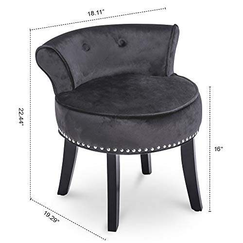 Velvet Makeup Vanity Chair and Stool for Bedroom with Roll Back Button and Rivet Deco Padded Bench Legs for Women and Girl Dressing Table Black