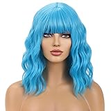 WTHCOS Blue Wig Short Blue Wig with Bangs Sky Blue Wig for Women Neon Blue Wig Light Blue Wig Short Curly Wave Blue Wig Synthetic Wigs for Cosplay Costume Party with Wig Cap