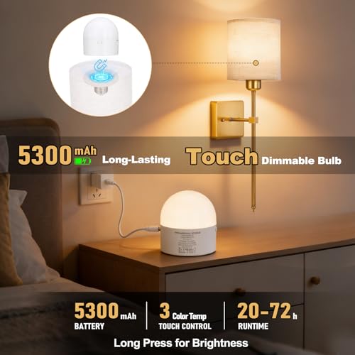 Image of Battery Operated Wall Sconce Set of 2, Wireless Wall Light Gold | Battery Operated Wall Sconce 5300mAh Rechargeable Dimmable Bulb, 12 Colors Wireless Wall Sconces for Bedroom Living Room