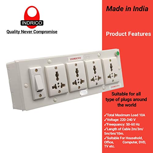 Image of INDRICO 5050 E-Book 4 + 1 Power Strip Extension Boards with Switch, Indicator, 4 International sockets White(2m) Pack of 1, Polycarbonate, White