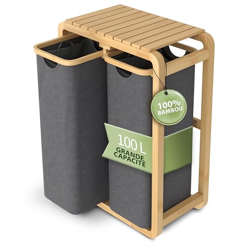 AMBIAVO® Panier à linge 2 compartiments gris 100 l - Design peu encombrant - 50 l par compartiment - Construction en bambou robuste - Surface de rangement -...