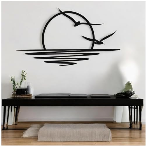 JuanNest Metall-Wandkunst, Sonnen-Glitzer-Wanddekoration, Schwarze Minimalistische Linienkunst, Sonnenaufgang-Wandbehang Für Wohnzimmer, Schlafzimmer, Moderne Wanddeko Große, Garden Outdoor 60×33cm