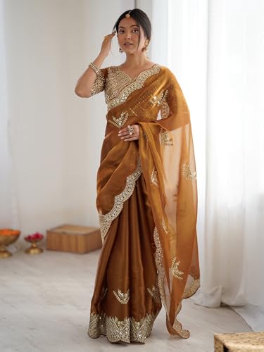 Image of Satrani Women's Tissue Silk Sequin Embroidery Scalloped Border Saree with Unstitched Blouse Piece