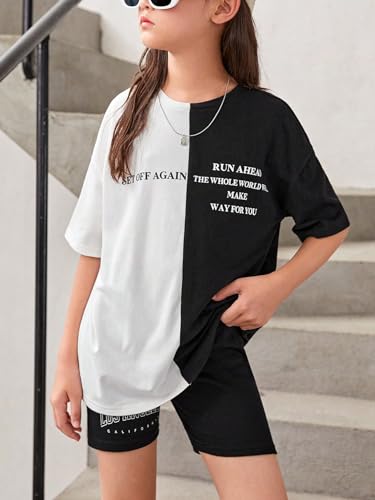 OYOANGLE Girl's Graphic Print Colorblock Half Sleeve Round Neck Shirt Tops Summer Casual Loose Tee Shirts3