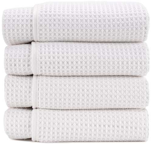 S&T INC. Aura Microfiber Waffle Bath Towels 4 Pack Quick-Dry Ultra Absorbent Lightweight Towels for Bathroom 30 inches x 60 inches 420GSM White