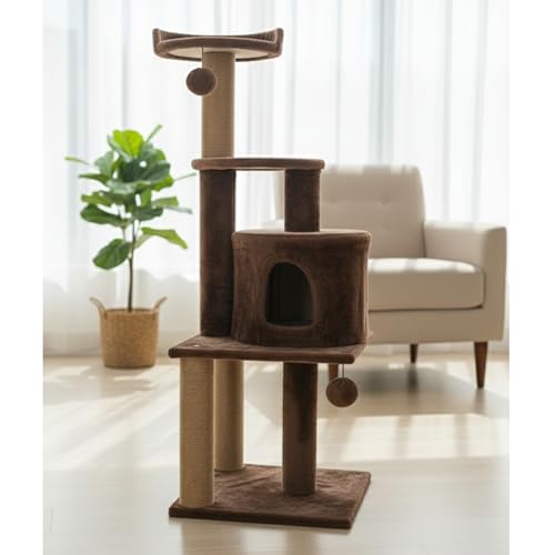 Image of Soft Fur Activity Scratching Post /Cat Tree for Kittens & Cats - Natural Sisal Rope Triple Platform Tower (Height 43 Inch) (Brown -3FLOOR)