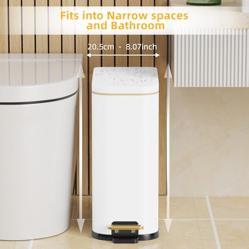Image of KdbK Bathroom Trash Can with Soft Close Lid, 15L / 4 GallonRectangular Trash Can with Removable Wastebasket, Step Pedal, Slim Wastebasket for Bedroom, Home Office,White