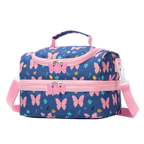 Image of Insulated Kids Dual Compartment Lunch Bags Tote Pack for Bento Girls Boys Toddler Kindergarten School Picnic Food Cooler Boxes with Shoulder Strap (2 Butterfly, Double Decker)