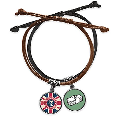 Pulsera de Reino Unido Union Jack de cuero trenzado y cadena de cuerda unisex
