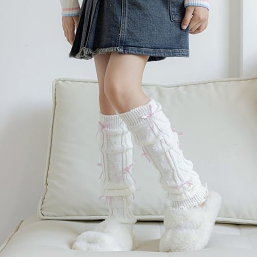 4 Pack Girls' Knitted Leg Warmers Knee High Calf Socks with Cute Bows, Soft Stretchy Warm Long Tube Socks2