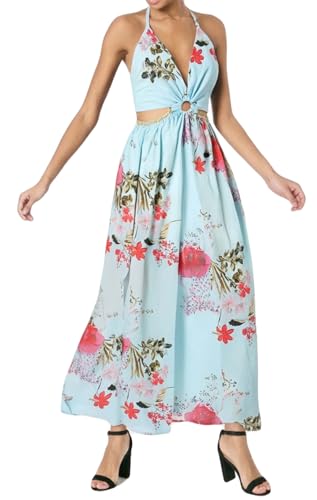 Image of Qikaka Women's Sleeveless Deep V Neck Floral Printed Metal Chain Bodycon Sexy Nightclub Party Boho Dress