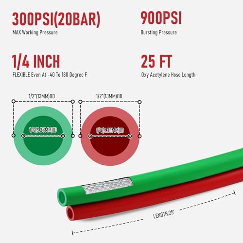 RX WELD Oxygen Acetylene Hose 1/4-Inch × 25 Feet with 9/16"-18 B fittings,Torch Hose,Grade R (25 Feet)