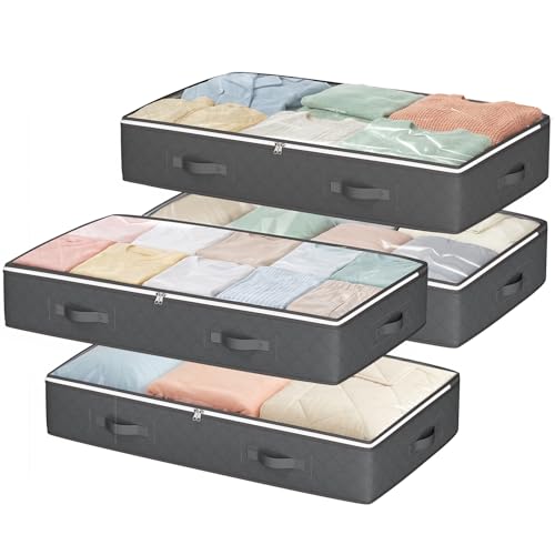Budding Joy 4 Stück 90L Unterbettkommode, Aufbewahrungsbox mit Deckel Faltbare Unterbett Aufbewahrungsbox für Kleidung, Bettdecken und Bettwäsche, Grau