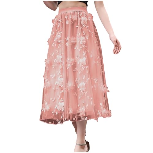 Women's Floral Midi Skirt High Waisted A Line Cute Layered Fairy Mesh Tulle Pleated Skirt 3D Embroidery Skirts