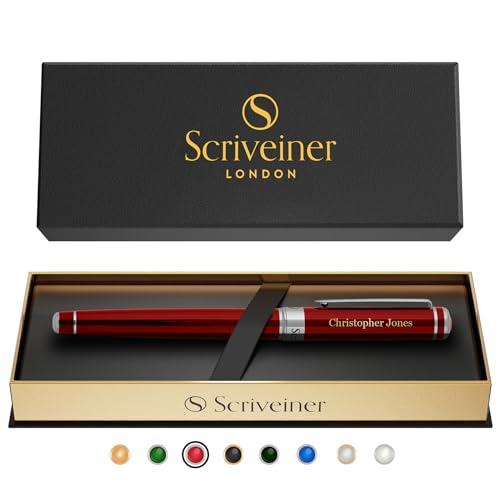Image of Scriveiner Personalized Deep Crimson Red Rollerball Pen - Stunning Red Lacquer Luxury Pen with Chrome Finish, Schmidt Ink Refill, Engraved Roller Ball Gift Set for Men & Women, Custom Name Engraving