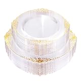 Nervure 100PCS Clear and Gold Plastic Plates - Heavyweight Gold Disposable Plates - Gold Plastic Plates Include 50PCS 10.25inch Dinner Plates & 50PCS 7.5inch Dessert Plates for Wedding & Party