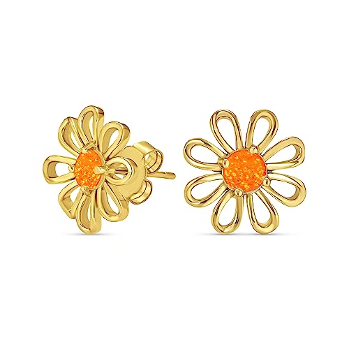 Simple Created Orange Fire Opal Daisy Flower Stud Earrings For Women Teen Gold Plated .925 Sterling Silver October Birthstone
