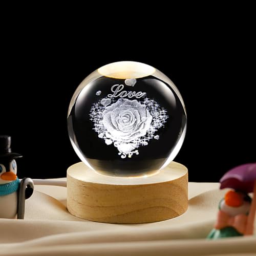 Image of 3D Love Crystal Ball Lamp with Dimmable LED and Wooden Base, Night Light for Kids Teens Adults, Home Desk Office Bedroom Decor, Birthday Gift (2.4 inch / 6cm)