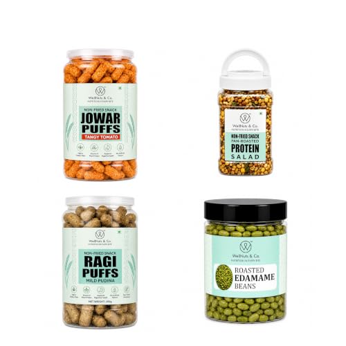 Image of WellNuts & Co. Healthy Snack Combo Pack of 4 |Jowar Puffs Tangy Tomato - 200g, Protein Salad - 425g, Ragi Puffs Mild Pudina - 200g, Roasted Edamame Beans - 200g| Roasted & Ready to Eat Snacks | High Protein & High Fiber Combo | Snacks for Healthy Everyday