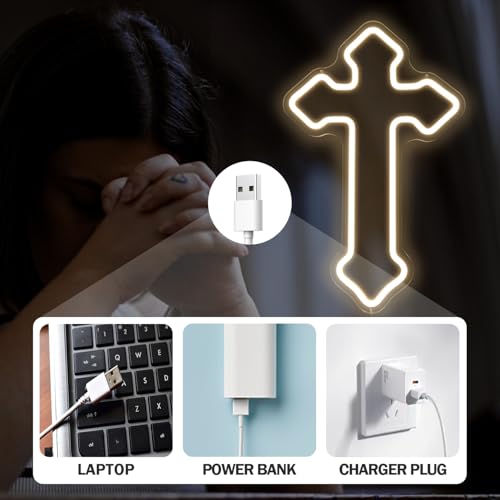 OvoNinn Cross Neon Sign Jesus Neon Lights Signs LED Light Sign for Wall Decor Dimmable Neon Cross Sign for Bedroom Living Room Wedding Warm White Jesus Night Light Wall Decor Gifts by OvoNinn - Used condition - Image 6