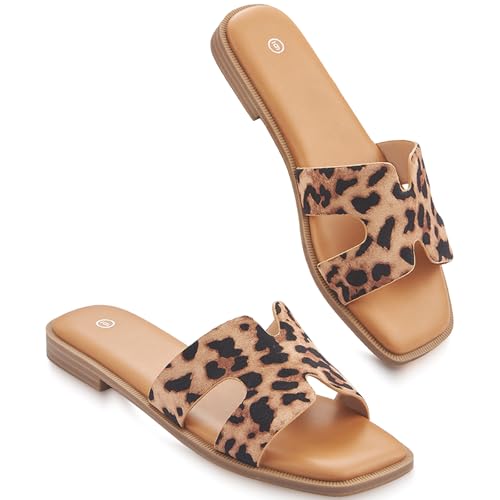 KENMITDY Sandals for Womens Slip On Fashion Flat Sandals Soft Memory Foam Slides Comfortable Leather Open Toe Slide Summer Dressy Leopard Size 8