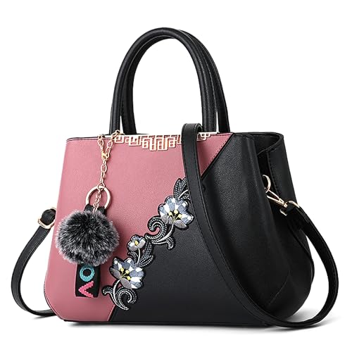 Borsa Donna Grande in PU Impermeabile - 3-in-1 a Mano e a Spalla Elegante con Fiori e Design Bicolore Ideale per Uso Quotidiano Casual Viaggio Lavoro e Festa Rosa polvere