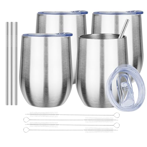 Image of MEZMUT 12oz Insulated Wine Tumbler Glass Bulk with Lid(Silver,4 Pack)