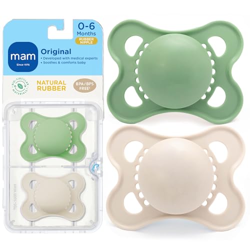 Image of MAM Original Latex Pacifiers, Binky Pacifier for 0-6 Months, Natural Rubber Nipple, Made from Bio-Circular Materials, Easy to Clean, with Sterilizer Case, 2 Count Binkies