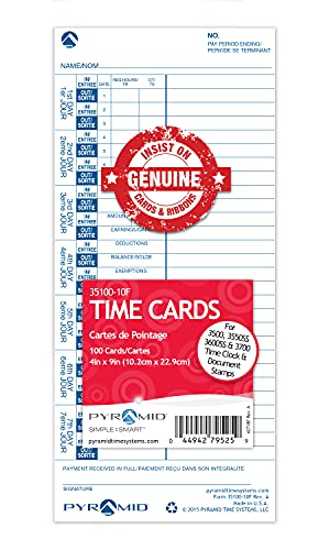 Cartes de temps Pyramid en anglais et français pour horloges 3500 et 3600ss, lot de 100 fiches