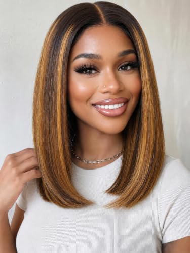 Image of KLAIYI Brown to Blonde Bob Straight Precut 7x5Lace Front Wig Human Hair 10 inch