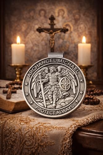 Image of Saint Michael Archangel Car Visor Clip, St Michael Medal for Auto Travel Accessories, Guardian Angel Visor Clip, Talisman for Safety, Catholic Gifts for Long Trips Family Friend Driver, 1 Pack