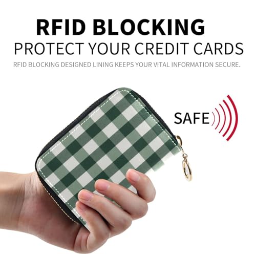 Women's Green White Buffalo Plaid Credit Card Holder Wallet Leather Zipper Card Case for Ladies Girls 203009343