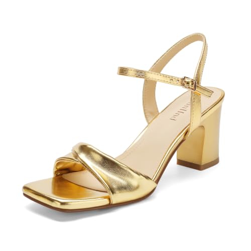 AIUNIIND Block Heels for Women Square Open Toe Heeled Sandals Chunky Strappy Ankle Strap Shoes for Dress Party Low Heel Gold Size 8