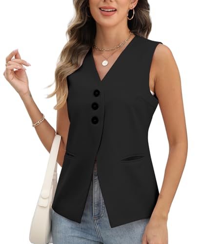 Ladyful Womens Summer Vest Tops Button Down Suit Vest Shirt Sleeveless Blazer Lightweight Business Casual Wasitcoat Top
